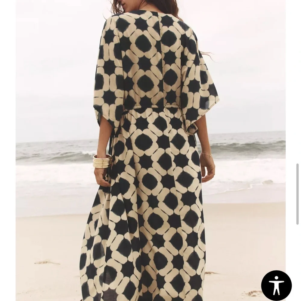 Printed Kaftan Dress. Chic Black and Cream oversized XS- S. - Picture 6 of 12